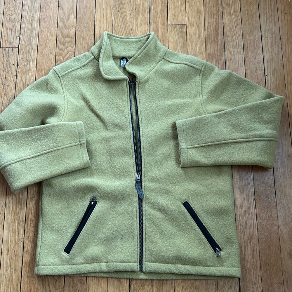 IBEX Midlayer Wool Full Zip Jacket Shacket Green Sweater Womens Size L VGUC
